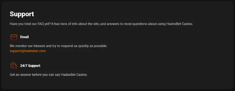 HadesBet Casino Customer Support